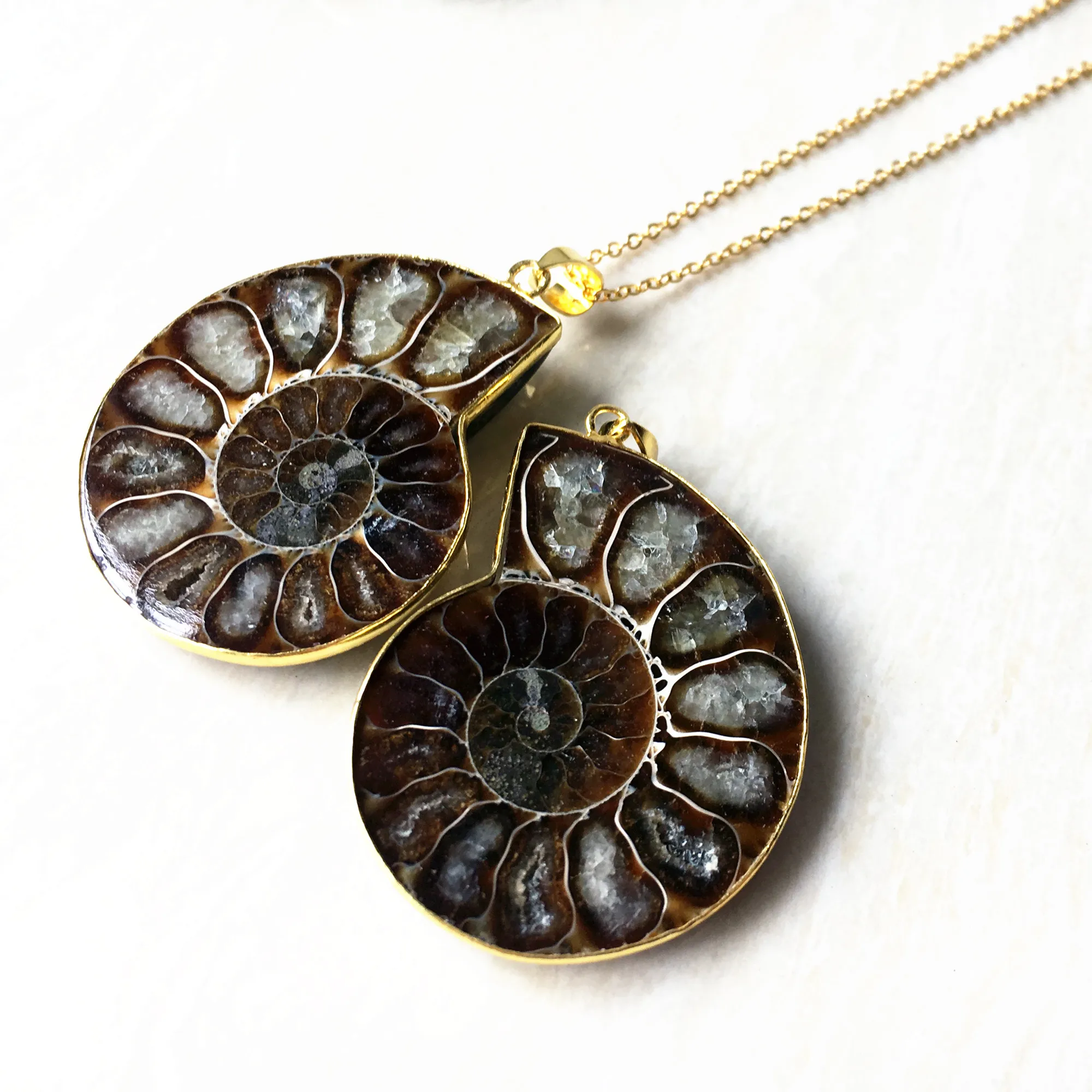 Gold Plated Natural Real Fossilized Ammonite Pendant Necklace 35-40mm