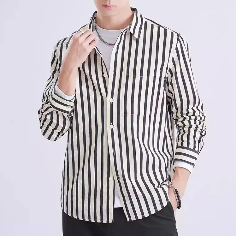 

Loose Fit Ice Silk Men's Casual Striped irt Long Sve Point Collar Workwear Outerwear Summer Faion Urban Sle Youth