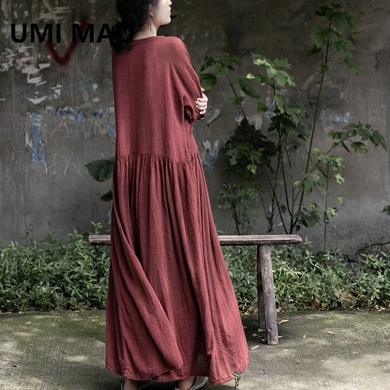 

UMI MAO Cotton Linen Dress Chinese Style Top Autumn Travel Art Soft Loose Slimming Robe Drop Feeling Fur Edge Dress