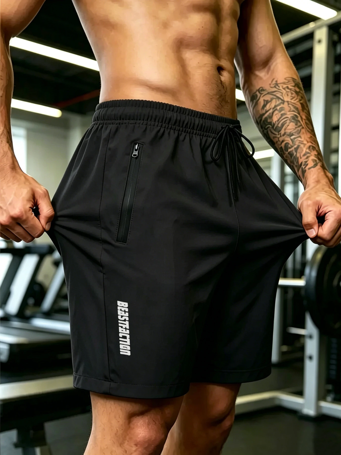Men's Outdoor Functional Quick Dry Stretch Sports Shorts, Vertical Letter Print Detail, Secure Zipper Pockets, Lightweight Flexi