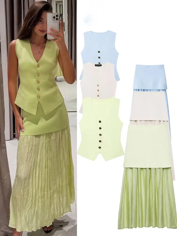 

HH летний элегантный женский вязаный тонкий жилет без рукавов с v-образным вырезом на пуговицах + модный комплект с длинной юбкой на молнии с высокой талией