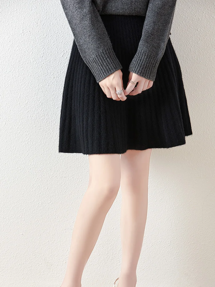 Women's Wave Short Skirt 100% Merino Wool Mini Skirts Autumn Winter Sweater Umbrella Skirt High Waist Stretch Sweet Knit Dresses