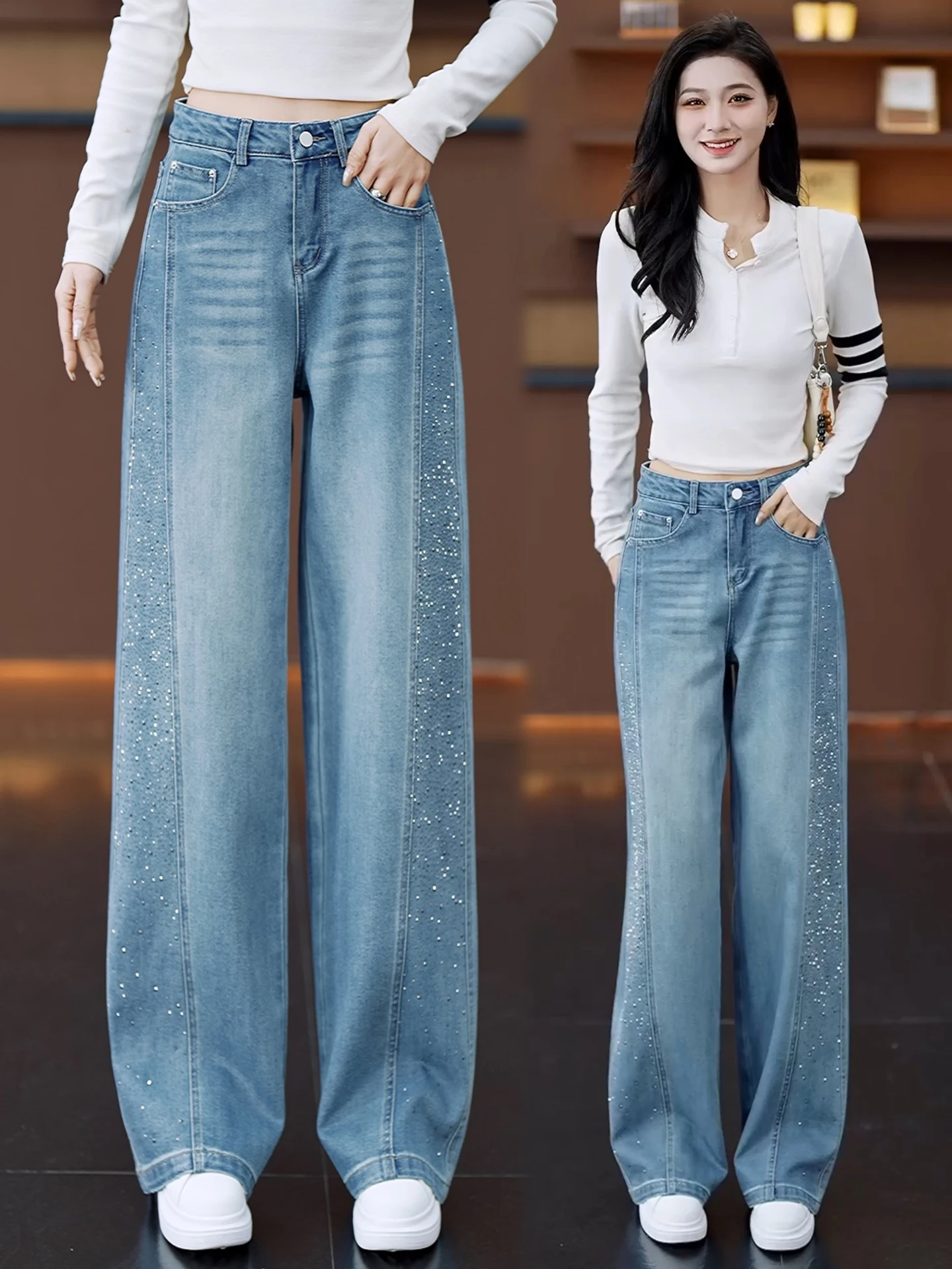 

High Waist Wide Leg Denim Jeans Women's Spring Autumn 2026 New Popular Glitter Casual Straight Leg Pants