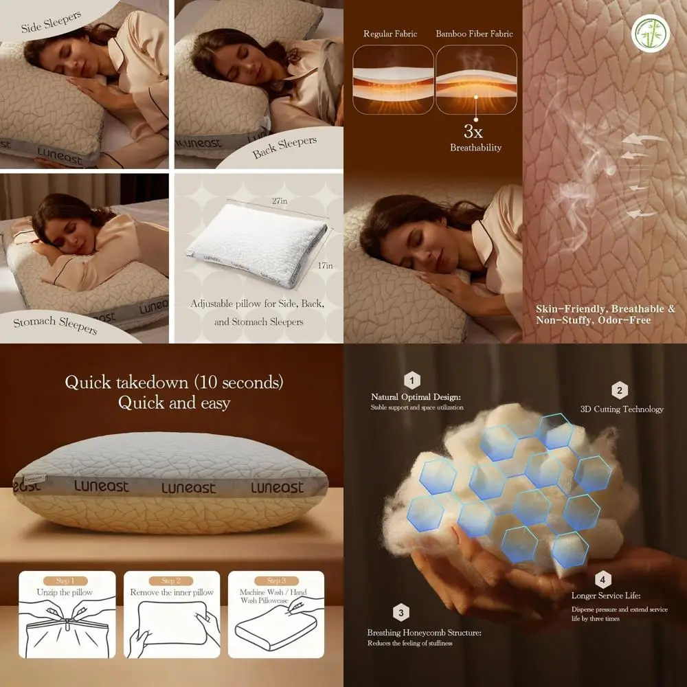 

Breathable Bamboo Blend Pillow with Memory Foam - Adjustable Sleep Pillow for Side, Back, and Stomach Sleepers - Washable Cover