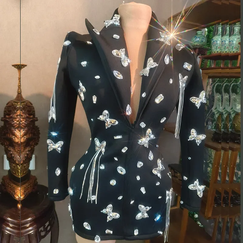 Błyszczące Perłowe Srebrne Kryształki Głęboki Dekolt w Serek Damskie Dopasowane Kombinezony Kostiumy Drag Queen na Imprezę Urodzinową Krótka Sukienka