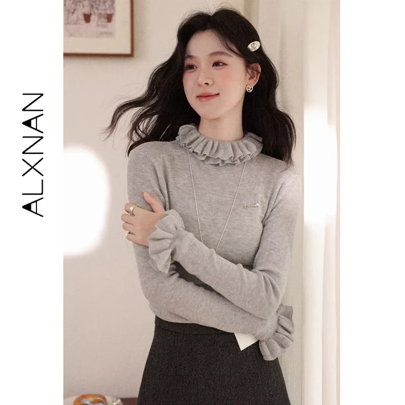 Alxnan feminino cinza lã mock neck suéteres babados guarnição manga longa camada térmica pullovers outono inverno malha topos l59893