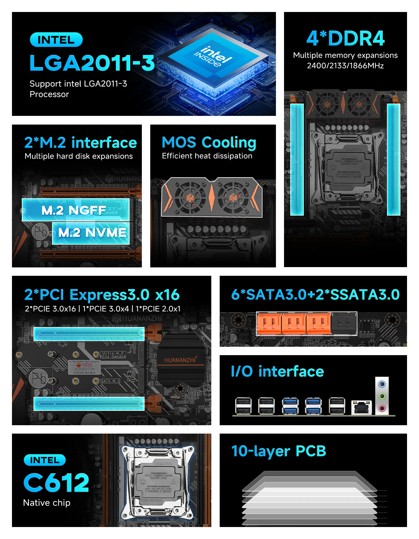 HUANANZHI X99-AD4 V2.0+TPM2.0 Motherboard Kit LGA2011-3 DDR4 128GB NVME M.2 PCIE 3.0 ATX Mainboard with TPM