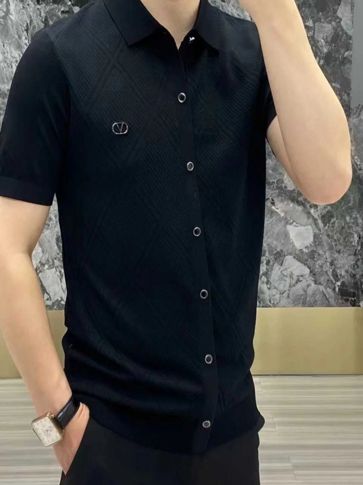 

Новая летняя трикотажная футболка с цветочным принтом, мужской повседневный открытый кардиган с воротником-стойкой, облегающий ор Све irt, молодежный Vitali Sle