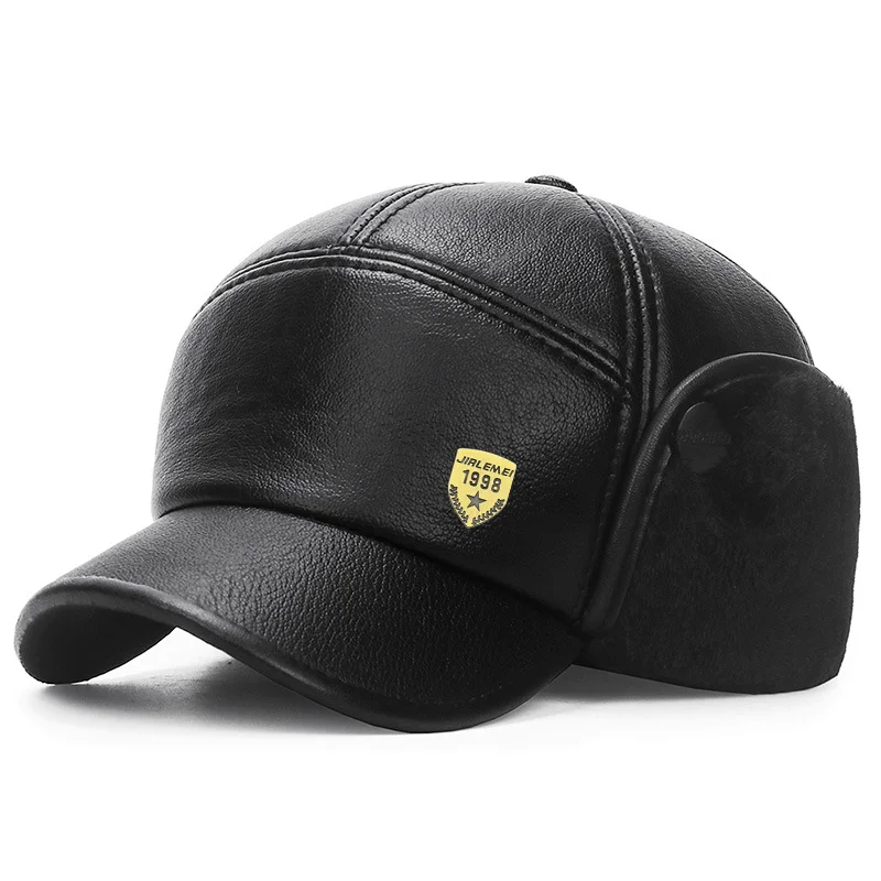 New Warm Winter Cap Black leather Fur Baseball Cap Hats For Men Snapback Women Casquette Bones Dad Caps Gorras Earflaps Thicken