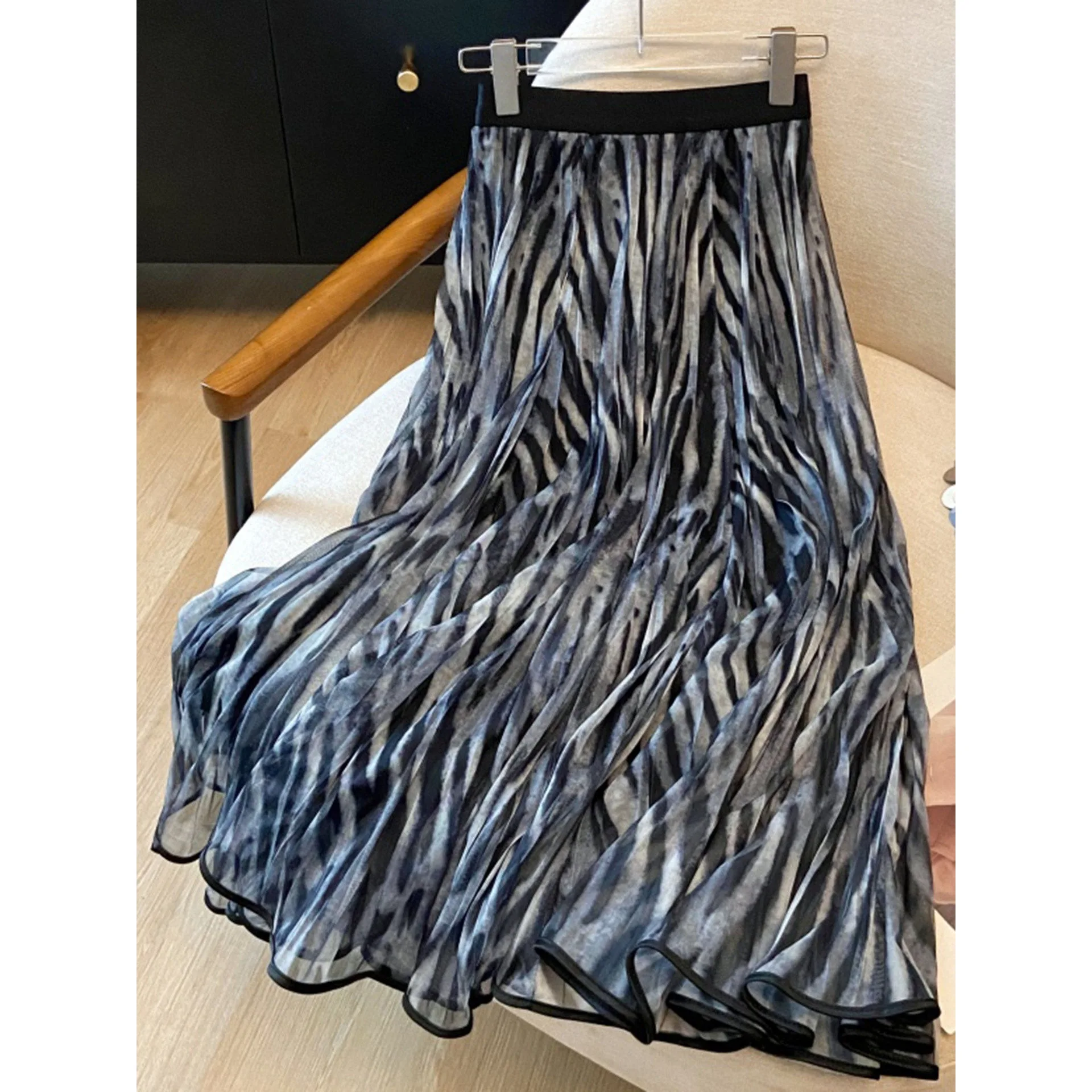 New Black Tie Dye Mesh Pleated Midi Skirt High-waisted Flowy Fairycore A-line Skirt Women French Country Garden Vacation Outfits
