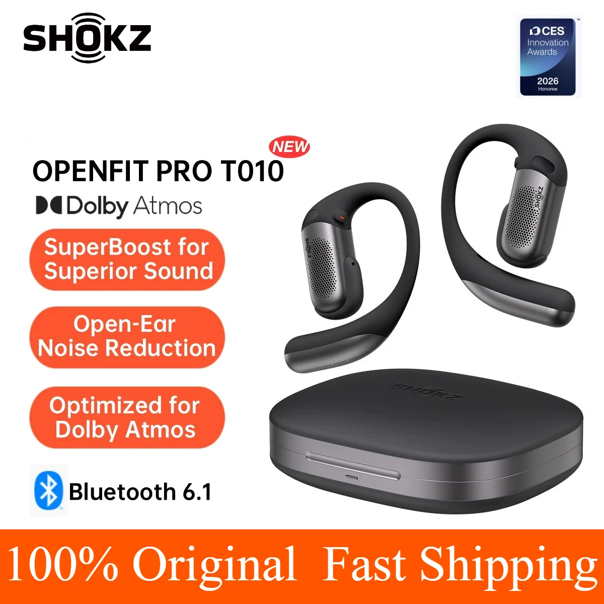 SHOKZ OpenFit Pro T010 Open-Ear True Wireless Earbuds with Open-Ear Noise Reduction, Optimised for Dolby Atmos, Deep Bass, IP55