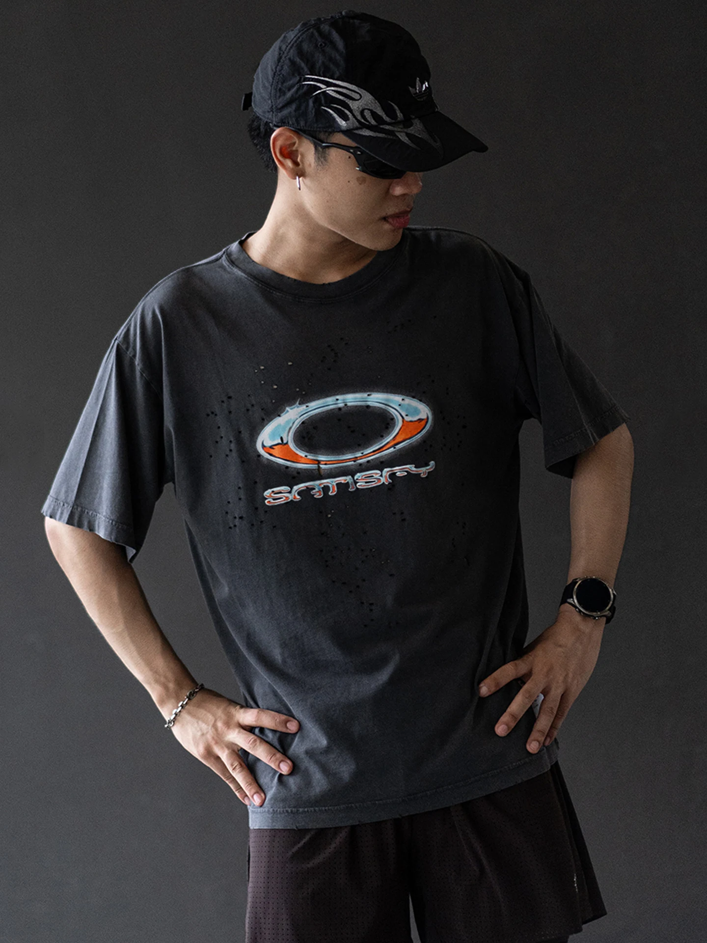 MothTech Satisfy Running Short Sleeve Cotton T-Shirt Vintage Print Running Hole Pure Cotton Sweat Absorbent Sport Style