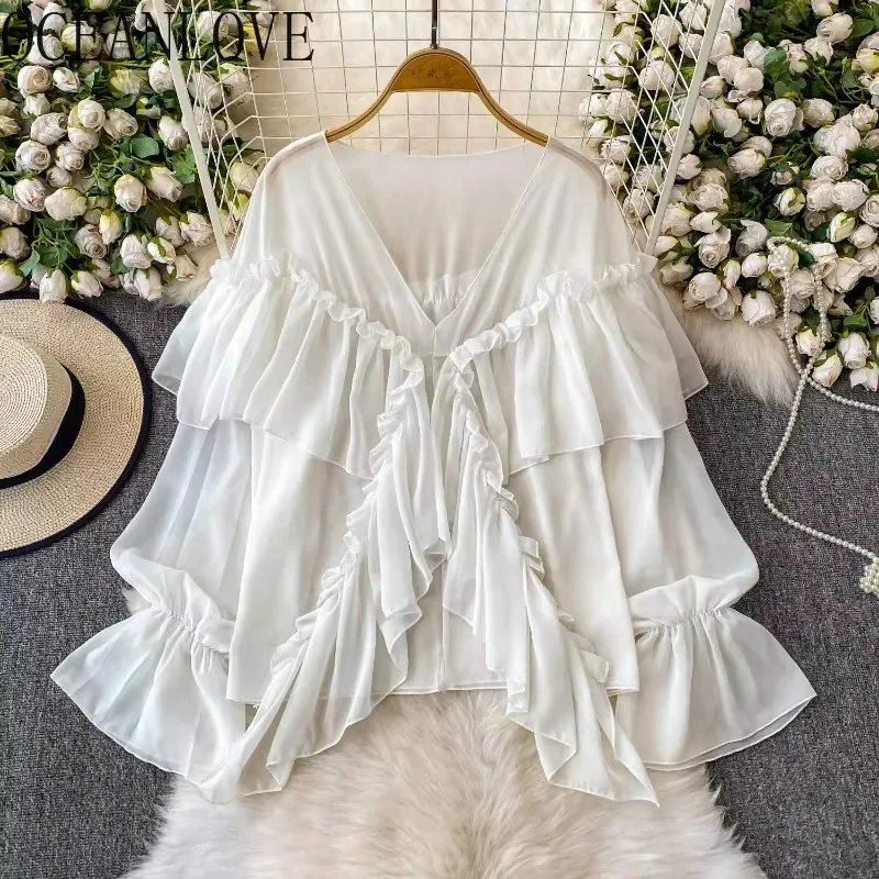 

OCEANLOVE Chiffon Blouses Spring Summer Sunscreen Solid Ruffles Women Shirts Korean Fashion Flare Sleeve Elegant Blusas Mujer