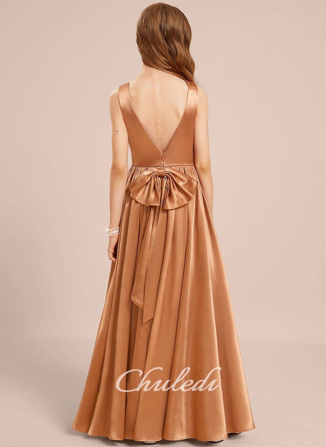 A-line V-Neck Floor-Length Stretch Satin Junior Bridesmaid Dress With Bow