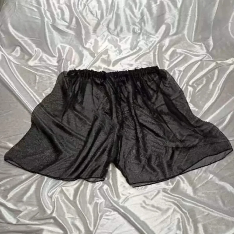 Pantaloncini lucidi sexy in organza a rete trasparente per la casa, trasparenti, per uomo e donna, pantaloni larghi per dormire, costumi per feste private