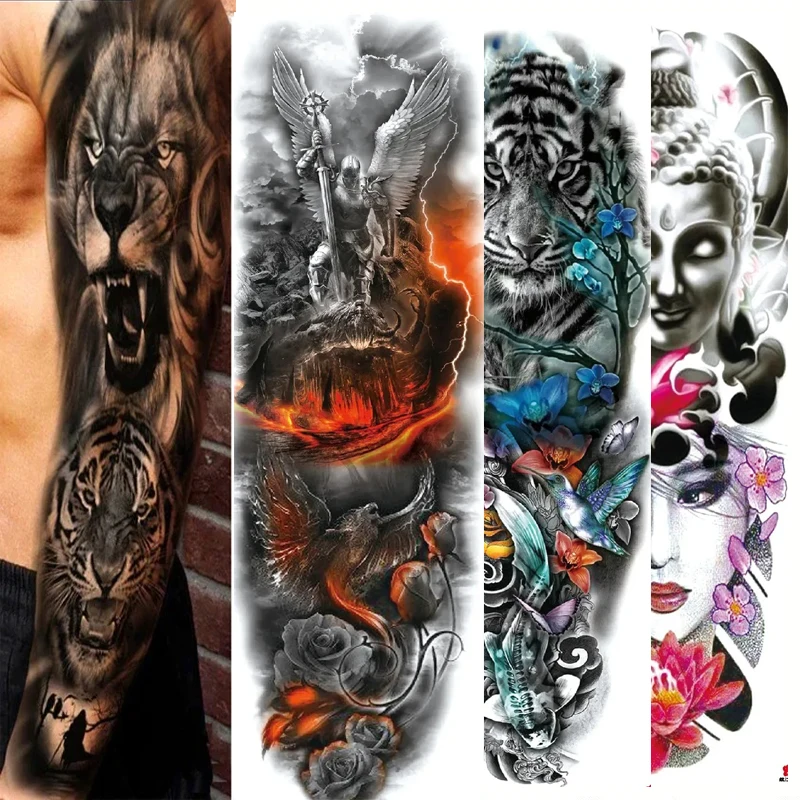 

Временная татуировка с изображением льва и волка, большая полная рука, животное племя, поддельная татуировка для мужчин и женщин, черная температура, татуировка, наклейка, искусство ног