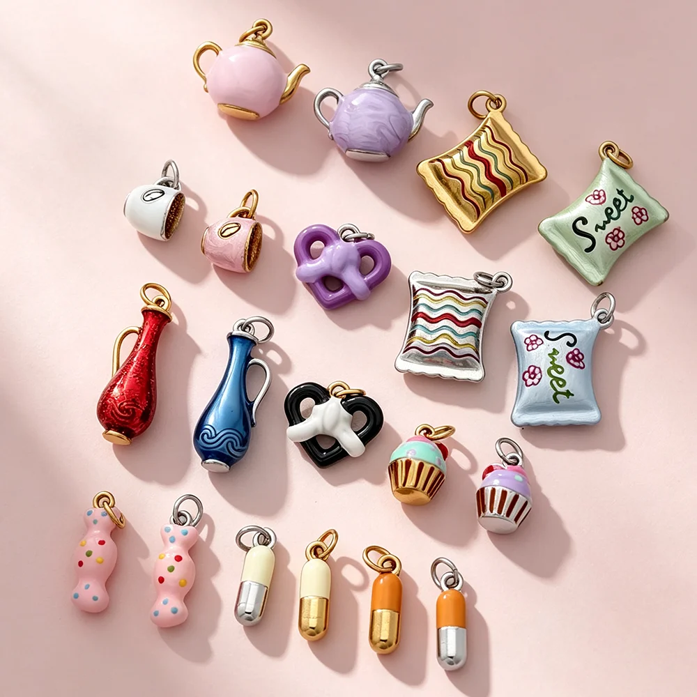 Plated Stainless Steel Enamel Food Charms Teapot Candy Cupcake Pill Pendant for DIY Bracelet Necklace Jewelry Making Supplies