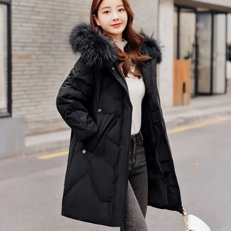 2023 New Women Down Jacket Winter Coat Female Mid Length Version Parkas Thick Large Size Outwear Hooded Fur Collar Overcoat