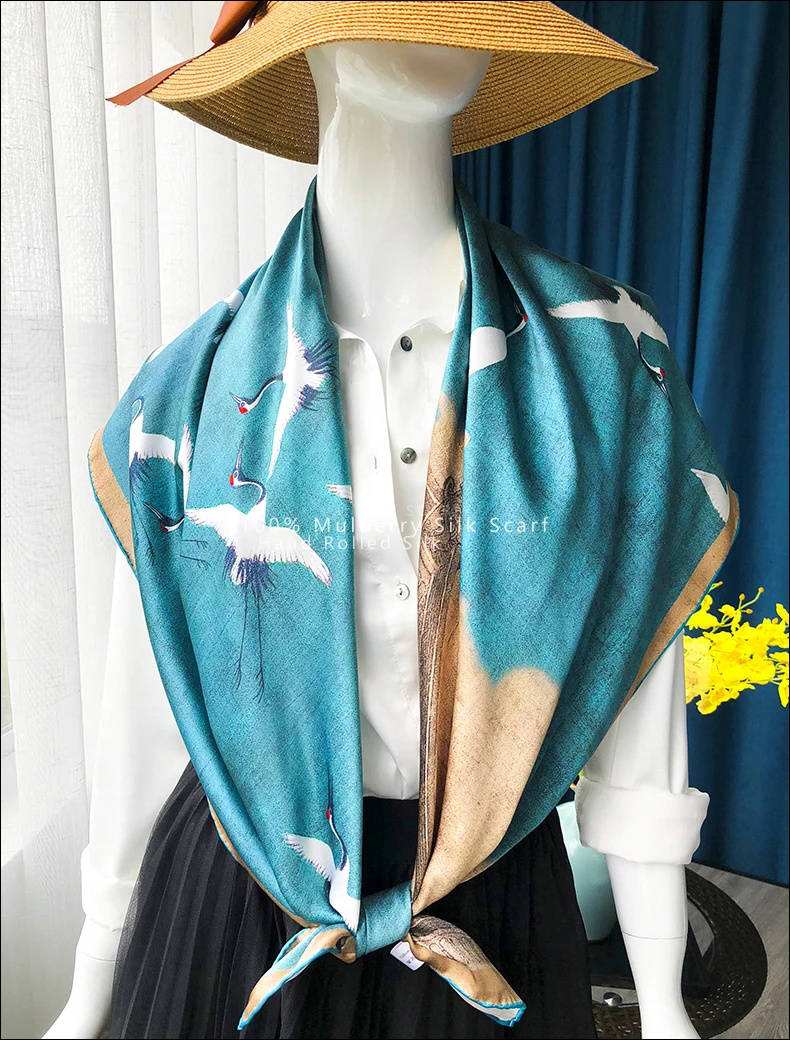 Vintage Pure Mulberry Scarf Wrap Shawls 110*110 Silk Square Scarf Large Hand Rolled Silk Scarf Foulard En Soie 110cm Scarfs