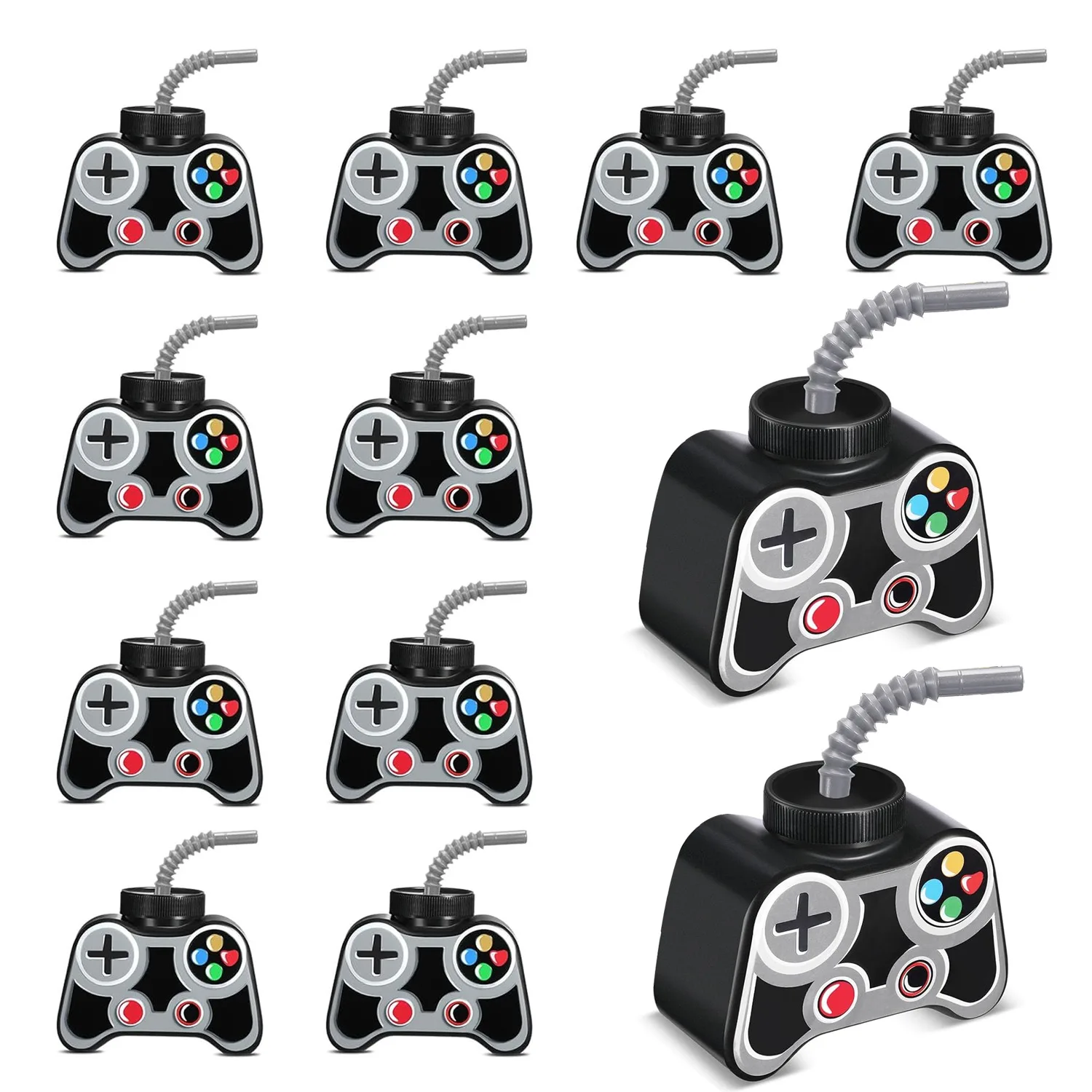 12 Pcs Plastic Video Gaming Party Favor Gift Supplies Cups with Straw,10oz Gamer Birthday Party Video Game Shape Cups-Gray