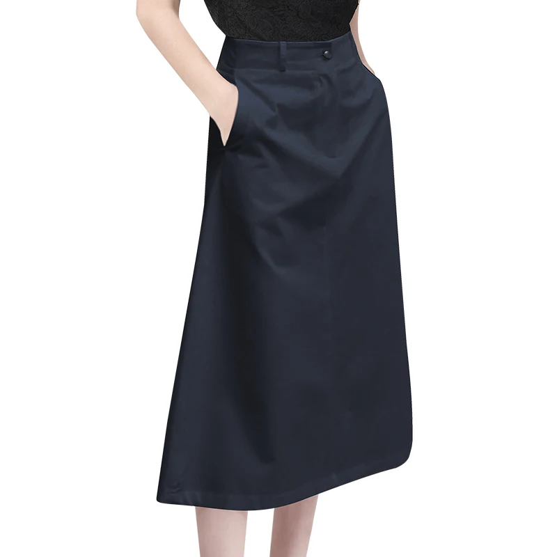 Womens Spring Summer Midi Skirt With Pockets Simple Solid Color High Rise A-line Casual Office Ladies Skirts