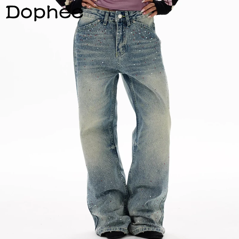 

Модные джинсы с блестящими стразами для мужчин и женщин, весна 2026, высококачественные стильные джинсовые брюки, трендовые прямые джинсы для пар