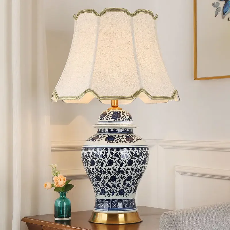 Table lamp bedroom simple creative warm home remote control new Chinese blue and white porcelain bedside table lamp