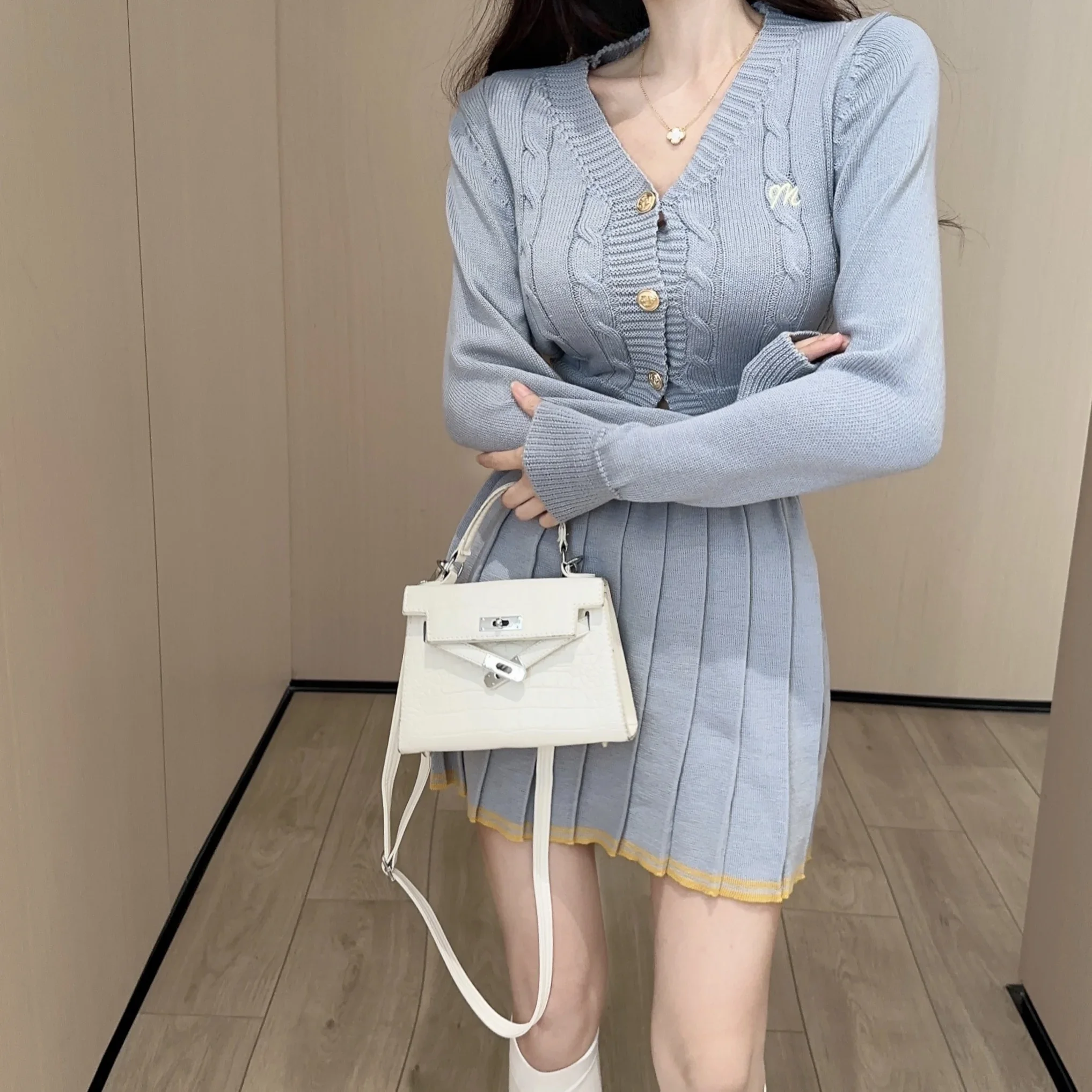 Gagarich Elegant Solid Knitt Suit Woman Gentle V-neck Single Breast Twist Puff Sleeves Cardigan High Waist Pleated A-line Skirt