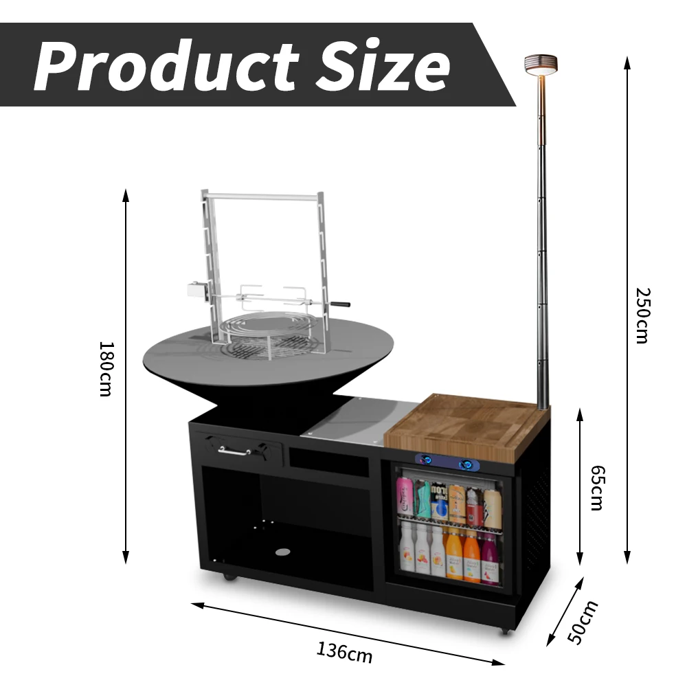 HDWYN21 Adjustable Height Portable Kitchen Weathering Steel Grill, Equipped With Refrigerator, Sound System, Lighting Brasero