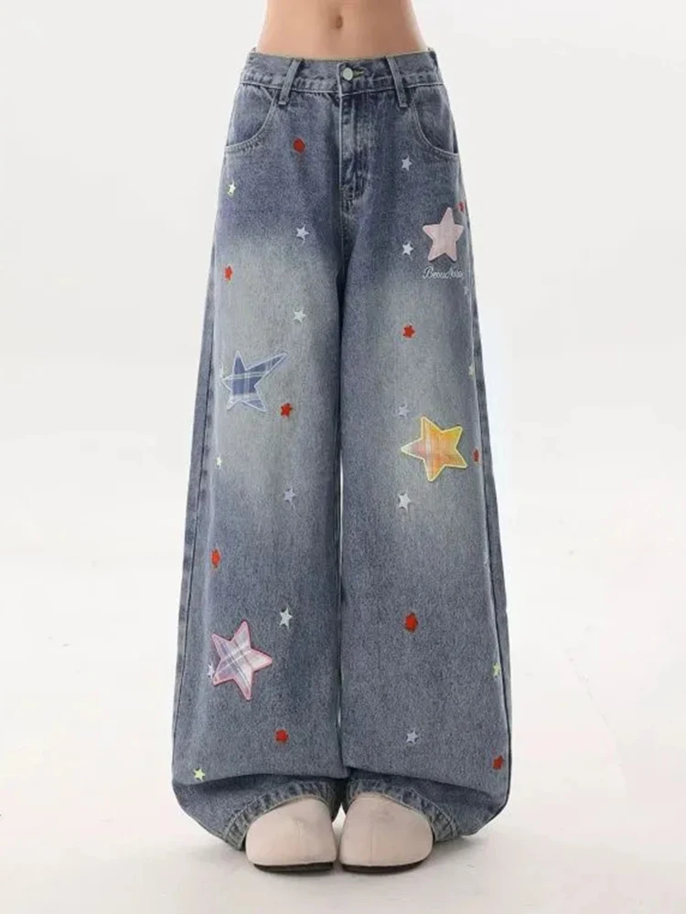 Vintage Sweet Stars Jeans Women High Waist Casual Cute Preppy Style Denim Pant Fall Loose American Harajuku Pockets Trousers New