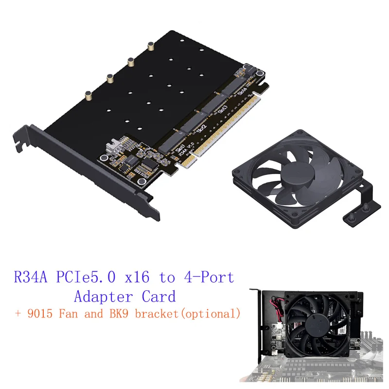 

Карта адаптера R34A PCIe5.0 x16 на 4-портовую адаптерную карту для M.2 NVMe SSD с 4 дисками, карта расширения PCIe 5.0 x16/с охлаждающим вентилятором