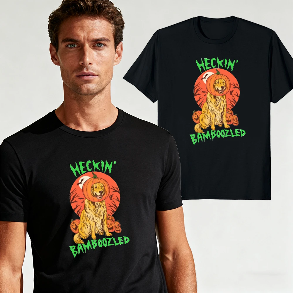 Heckin Bamboozled Pumpkin Hat Golden Retriever Herren-Sommer-T-Shirt, gruseliges, süßes Halloween-Hunde-Print, lässiges Alltags- und Urlaubstop