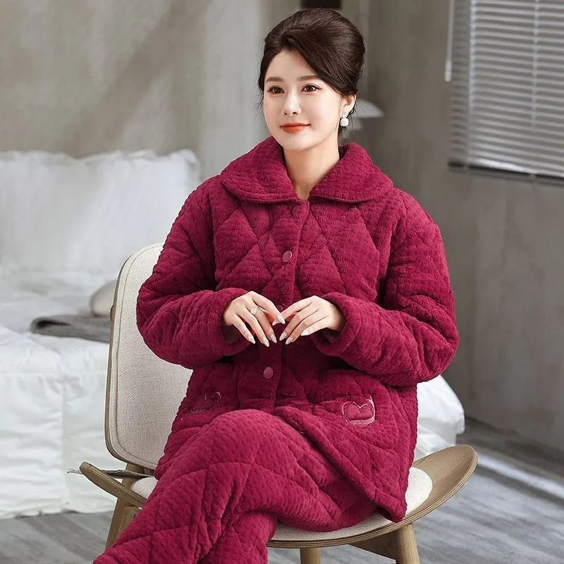 2024 New Winter Pajamas Women\'s Thickened Warm Sleepwear Coral Velvet Three-layer Cotton Sandwich Loungewear Flannel Homewear