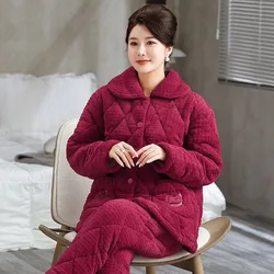 2024 New Winter Pajamas Women's Thickened Warm Sleepwear Coral Velvet Three-layer Cotton Sandwich Loungewear Flannel Homewear