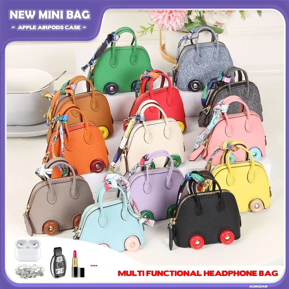 Car Styling Mini Bag Earphone Case for Apple Airpods Case 1 2 3 Pro Soft Leather Storage Bag With Lanyard For Car key Lipstick