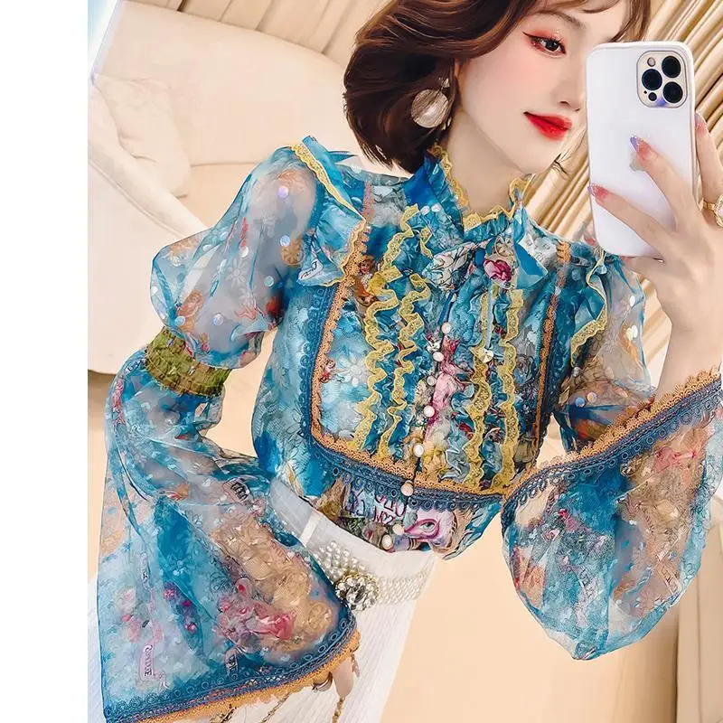 Retro Palace Luxury Lace Spliced Shirt Autumn Thin Floral Printed Chiffon Blouses Single-breasted Long Flare Sleeve Tops Blusas