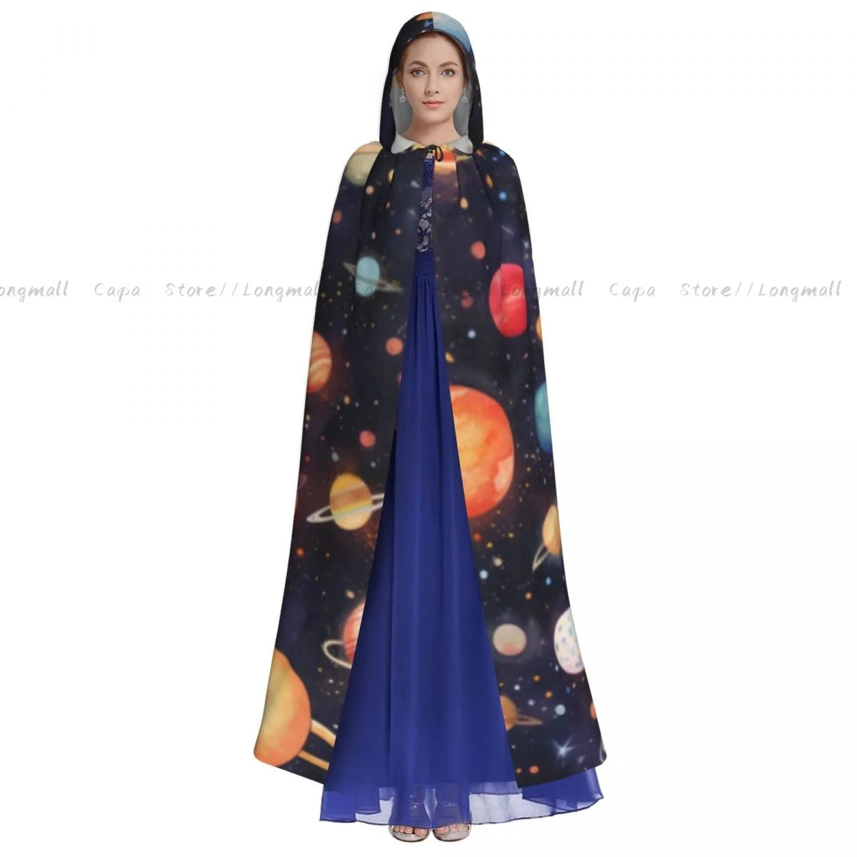 Space Stars And Galaxies Pattern Hooded Cloak Coat Halloween Cosplay Costume Vampire Devil Wizard Cape Gown Party