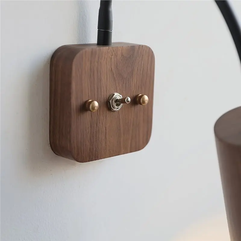 RMWIN-Vintage Design LED Wall Light Indoor Living Room Bedroom Round Walnut Wood Black Hose Wooden Bedside Lamp Applique