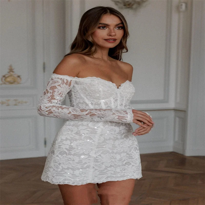 Off the Shoulder Sexy Wear Party Dress Long Sleeves Back Home Dresses Mini Short Lace Prom Cocktail Dress New Arrival 2024