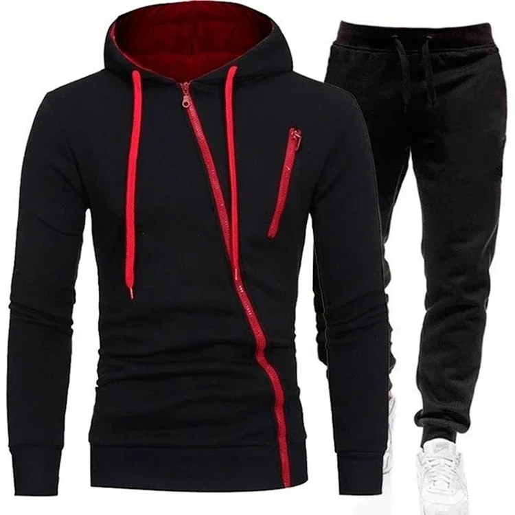 Men's Outdoor Sports Set for Autumn, Including A Fashionable Hooded Sweatshirt with An Oblique Zipper and Casual Long Trousers.