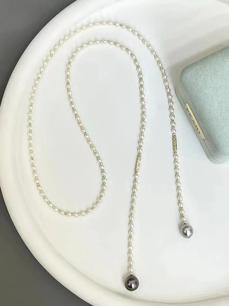 4-5mm Freshwater Baby Pearl Necklace Luxury Sweater Chain for Women with Tahitian Black Pearls and Magnetic Buckle Length 72cm