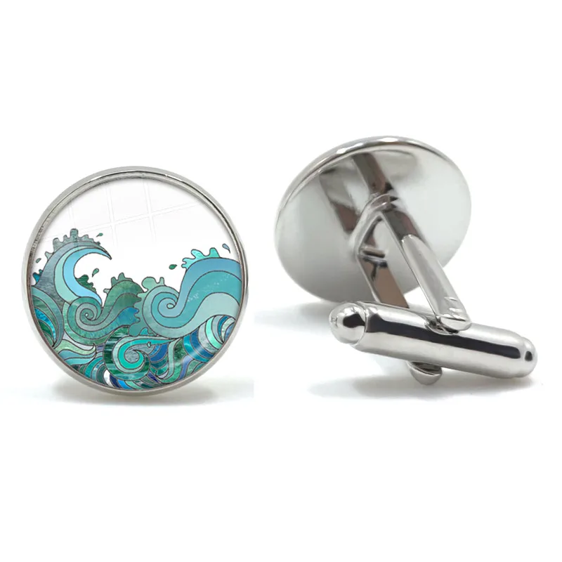 Great Wave of Kanagawa Cufflinks High Quality Hokusai Japanese Wave Glass Dome Photo Shirt Cufflinks Jewelry for Mens Gift