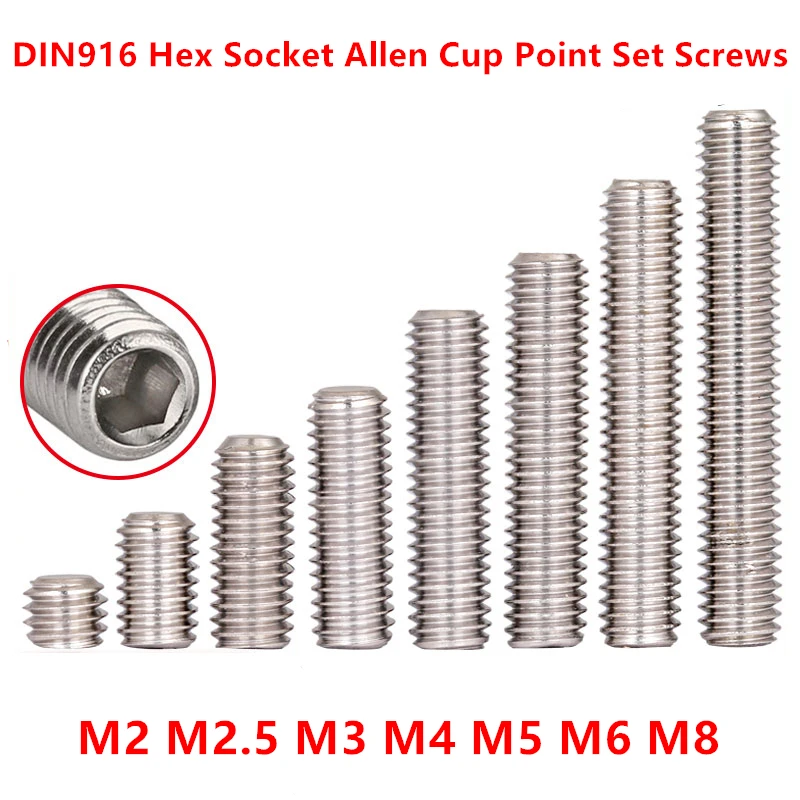 M2 M2.5 M3 M4 M5 M6 M8 DIN916 304 Stainless Steel Allen Head Hex Hexagon Socket Cup Point Set Screw End Grub Headless Bolt