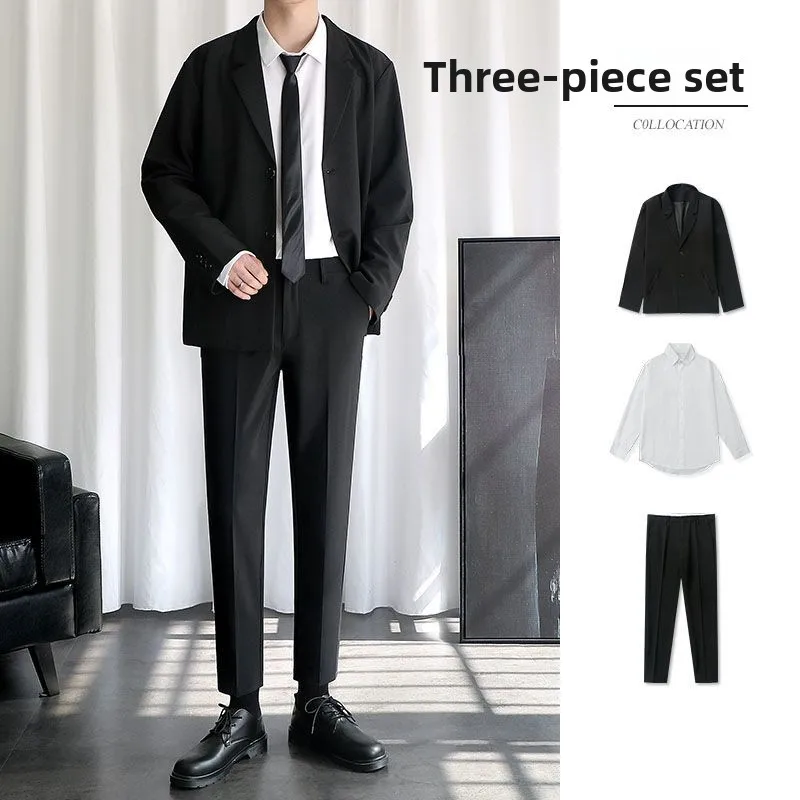 

Casual Men's Suit Jaet Loose Fitting Korean Sle Slimming Busin Casual Stand Fit Four Seasons Versatile Two Button