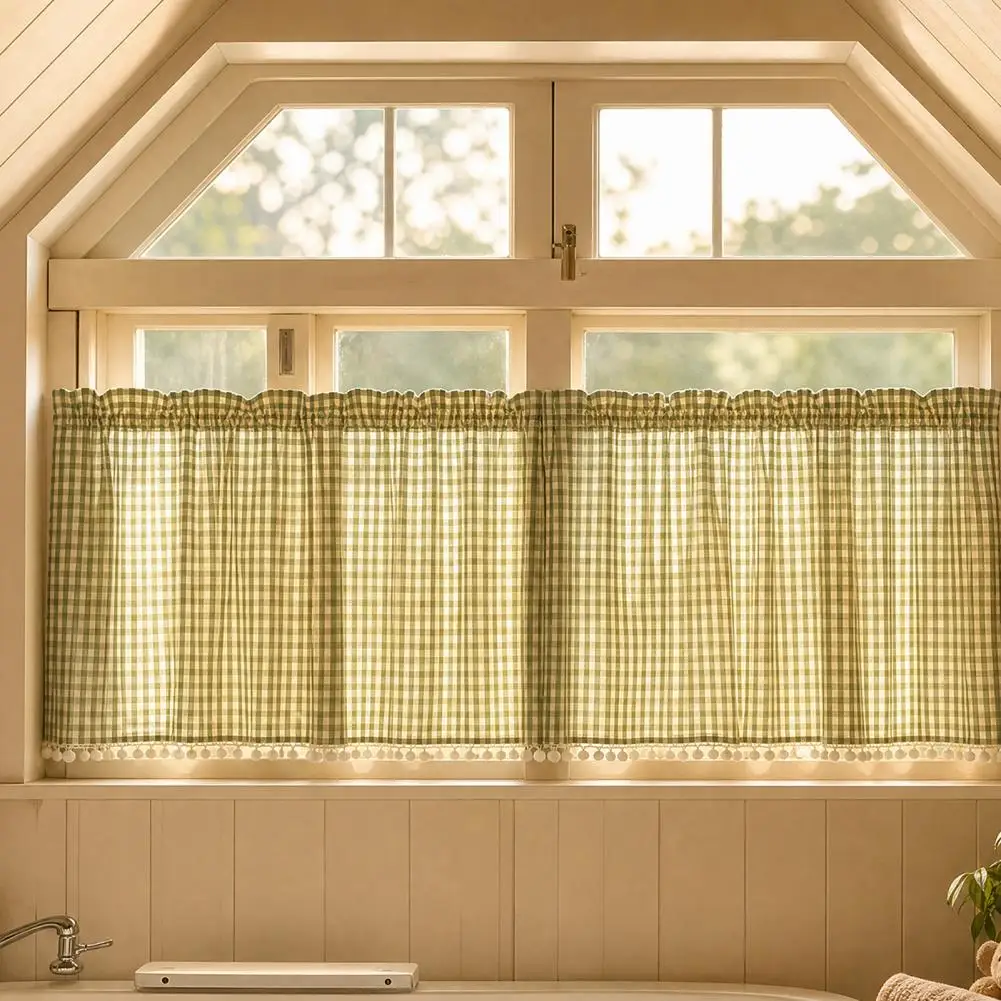 Small Door Curtain Ready to Hang Curtain Buffalo Check Plaid Curtains with Pom-poms Short Tier Kitchen Window for Farmhouse