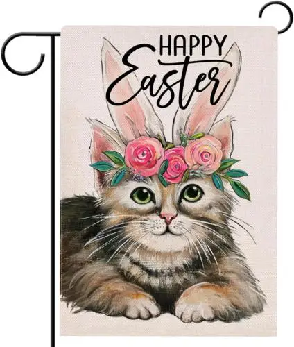 Happy Easter Garden Flag Double Sided, Cat with Bunny Ears Decorative Yard Outdo