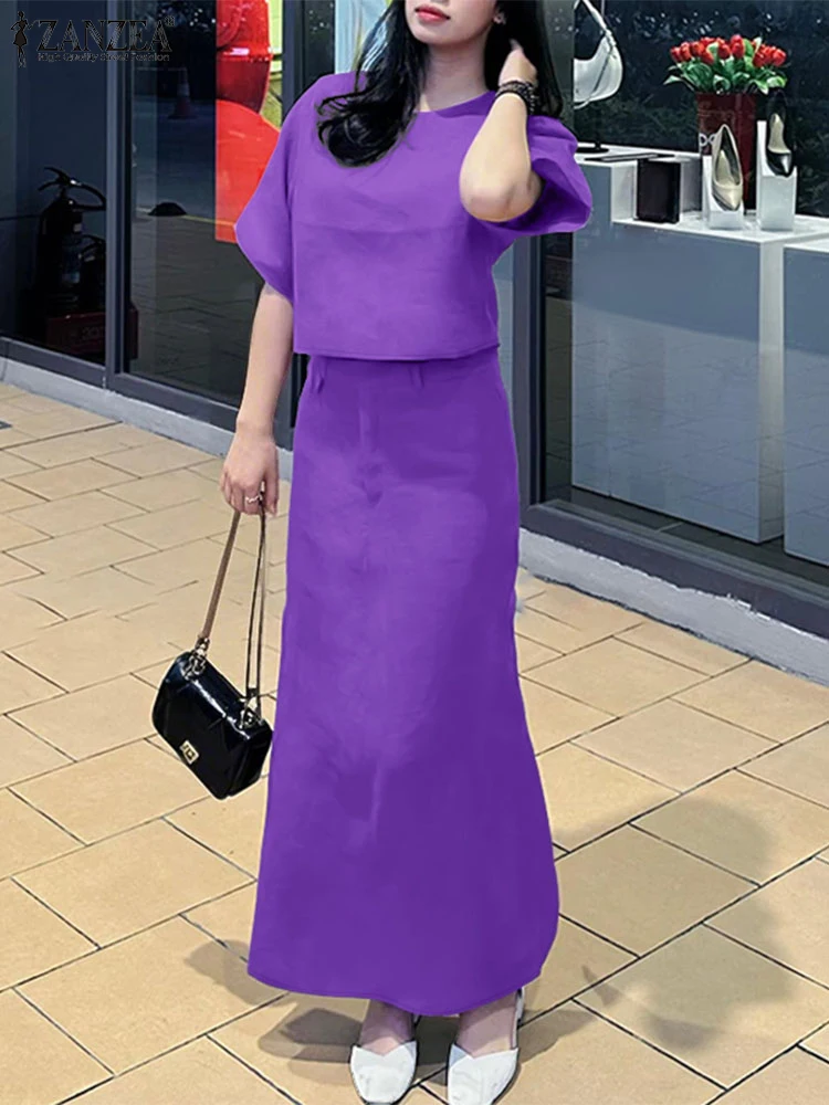 

2025 ZANZEA Women Dress Sets Summer Short Sleeve Tops and Elastic Waist Maxi Skirts Casual Solid Two-piece Outfits Fashion Sets