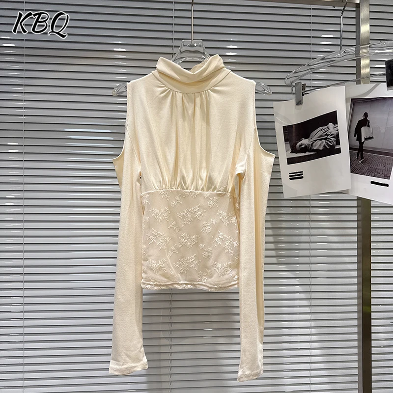 

KBQ Solid Spliced Lace Slimming T Shirt for Women Stand Collar Off The Shoulder Sleeve Temperament Sweet Shirt Female Fashion