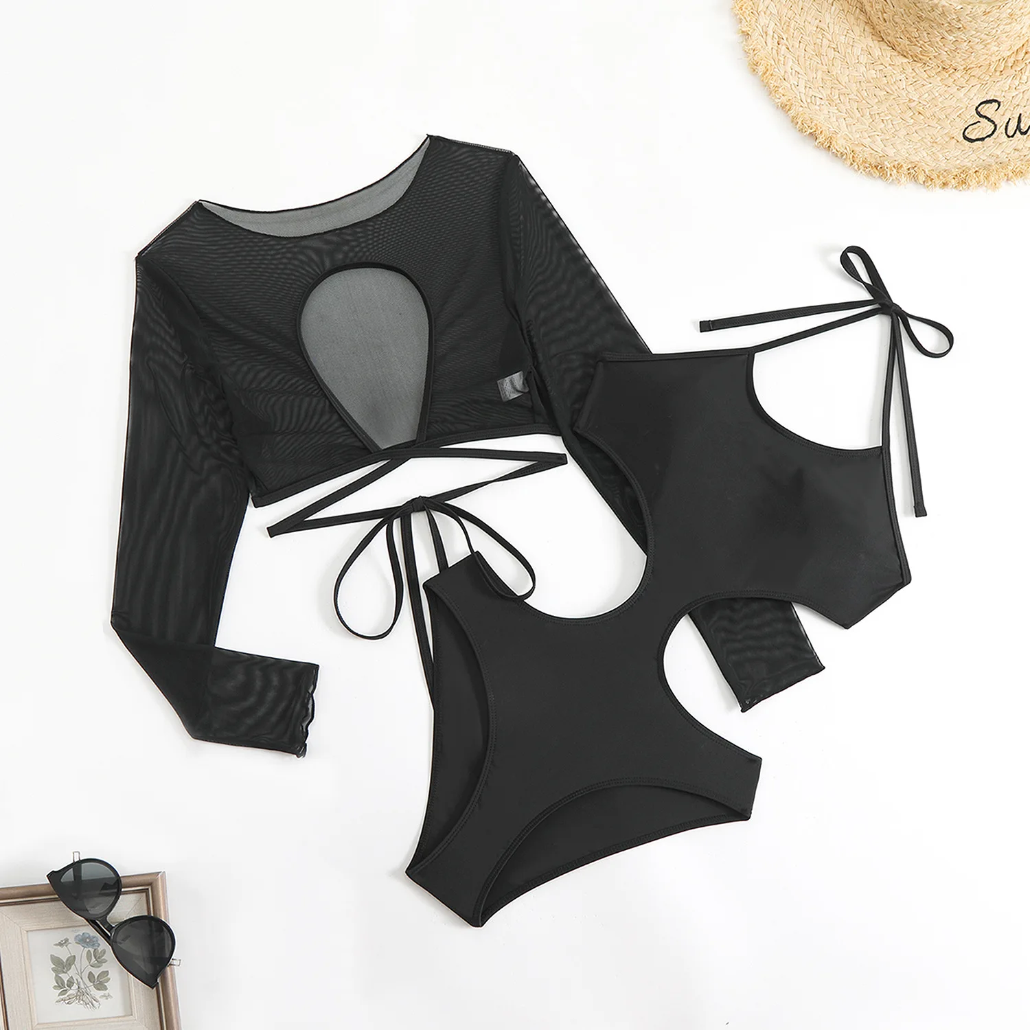 

sexy halter tie hollow out swimsuits two pieces with long sleeve mesh smock top bikinis bathing suit beach outfits biquini