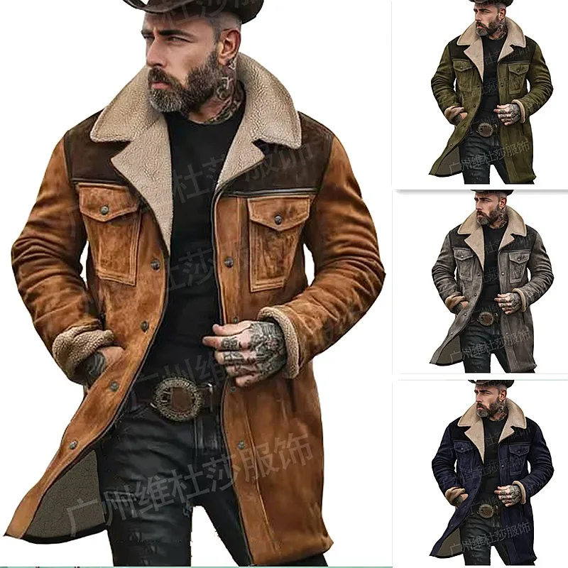Men Suede Color Block Coats Winter Coats Multi Pocket Zip Up Outerwear